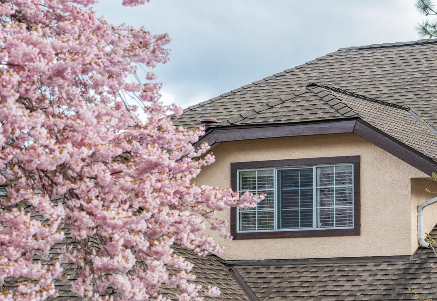 Steep pitched roof with layered slopes and dormers